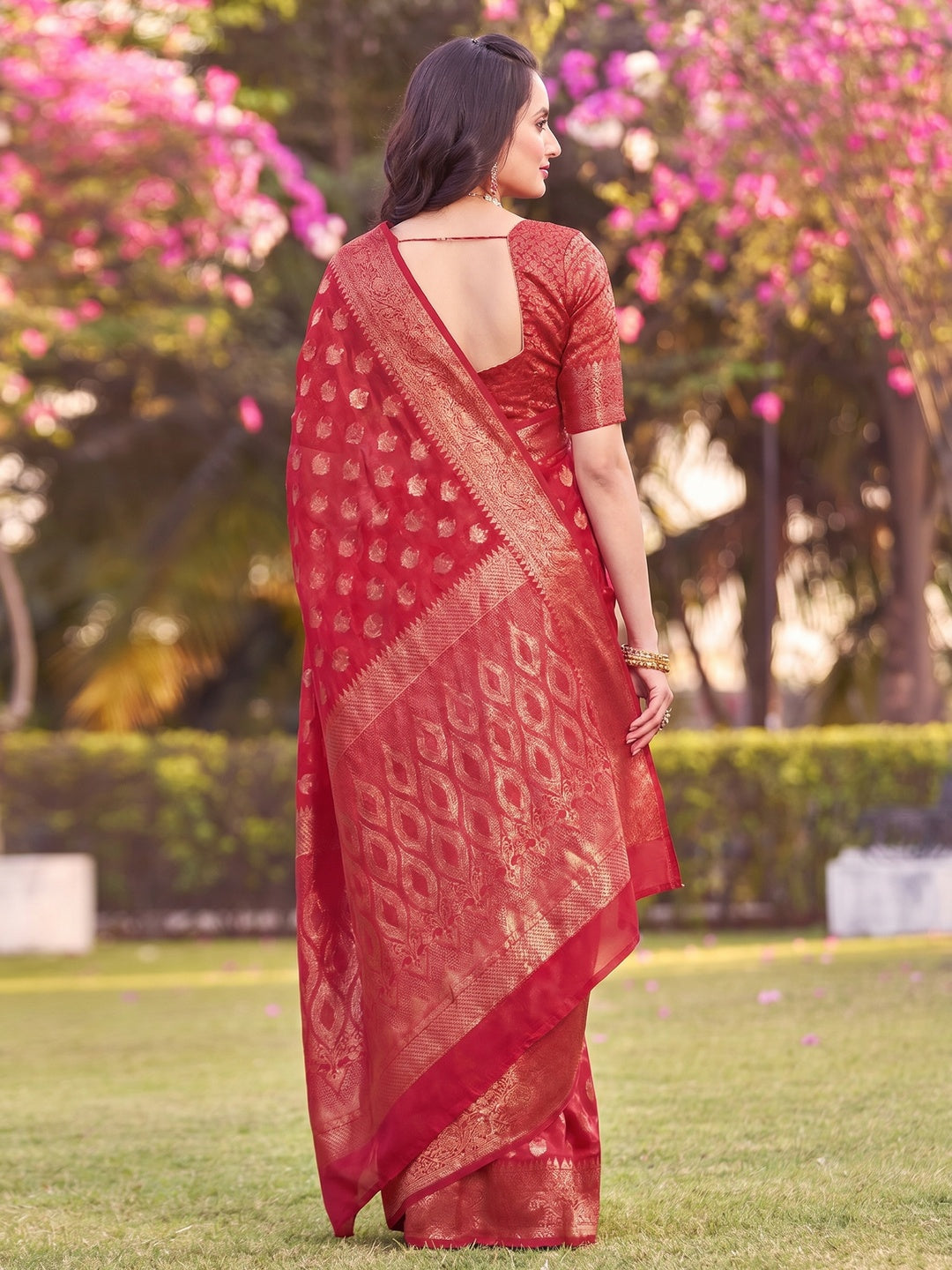 Red Woven Organza Saree - Image 2
