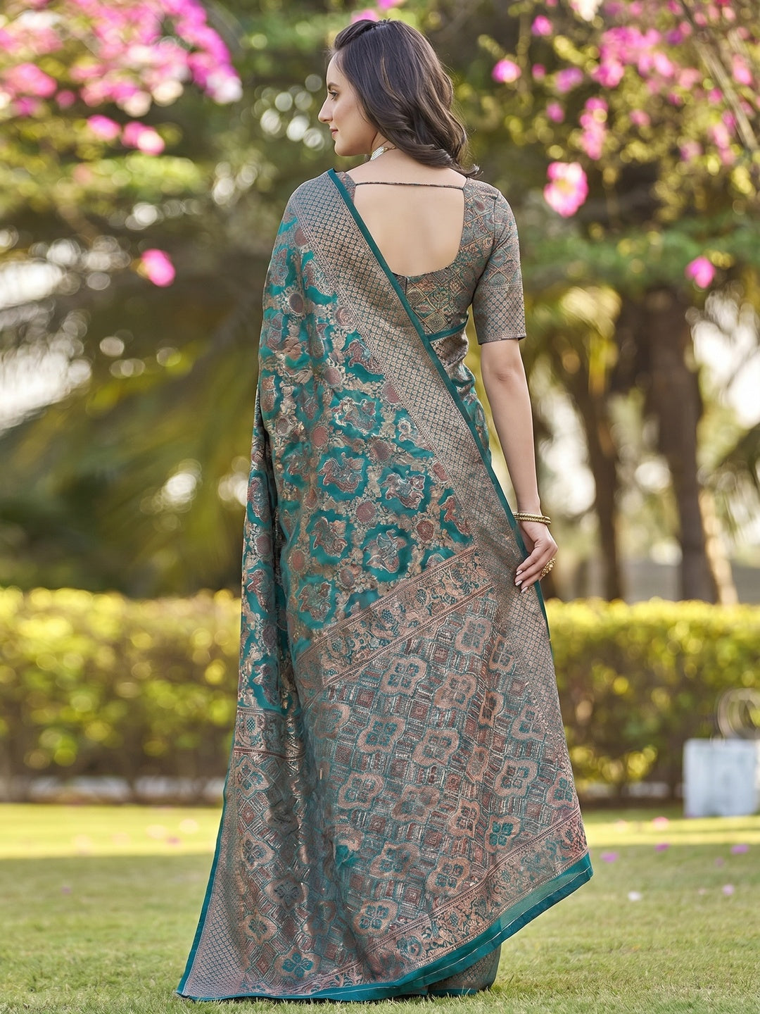 Teal Woven Organza Saree - Image 2