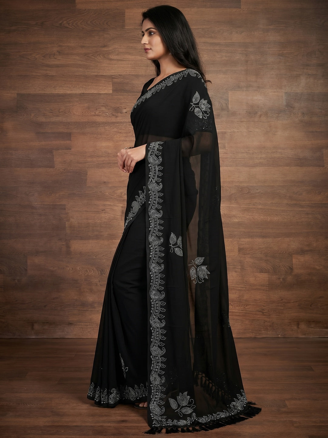 Black Floral Swarovski Work Georgette Saree With Tassels - Image 3