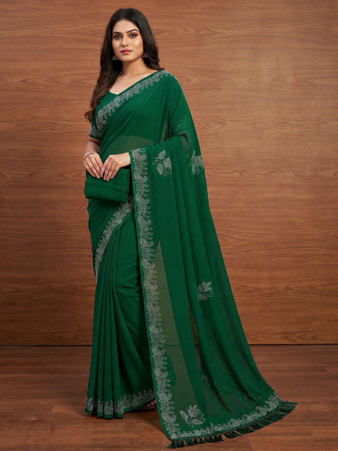 Green Floral Swarovski Work Georgette Saree With Tassels - Image 1