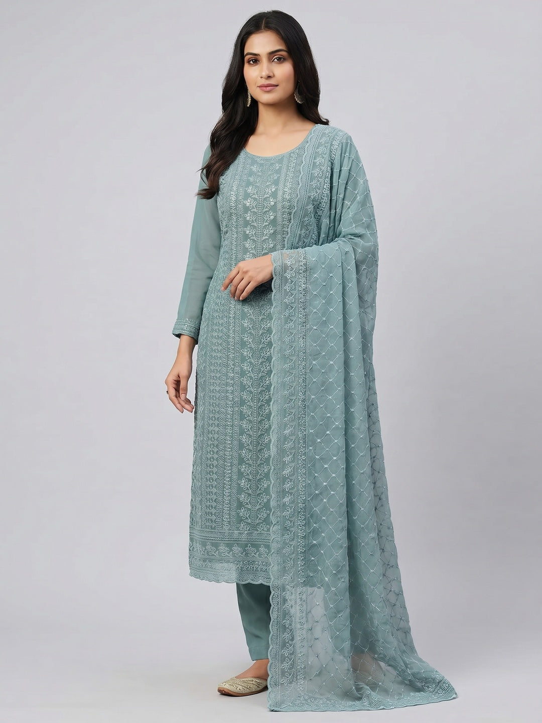 Dusty Teal Lucknowi Embroidered Georgette Dress Material - Image 1