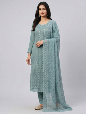 Dusty Teal Lucknowi Embroidered Georgette Dress Material - Image 1
