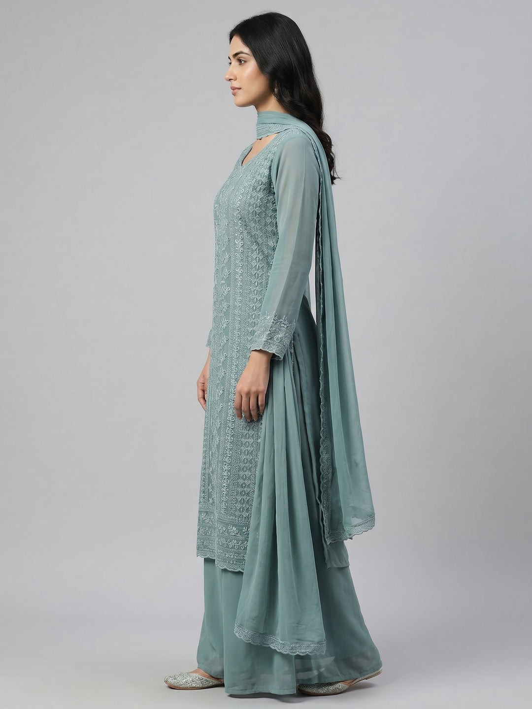 Dusty Teal Lucknowi Embroidered Georgette Dress Material - Image 3