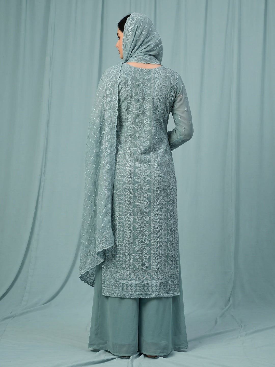 Dusty Teal Lucknowi Embroidered Georgette Dress Material - Image 2