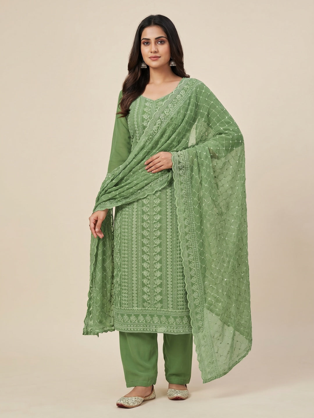 Green Lucknowi Embroidered Georgette Dress Material - Image 1