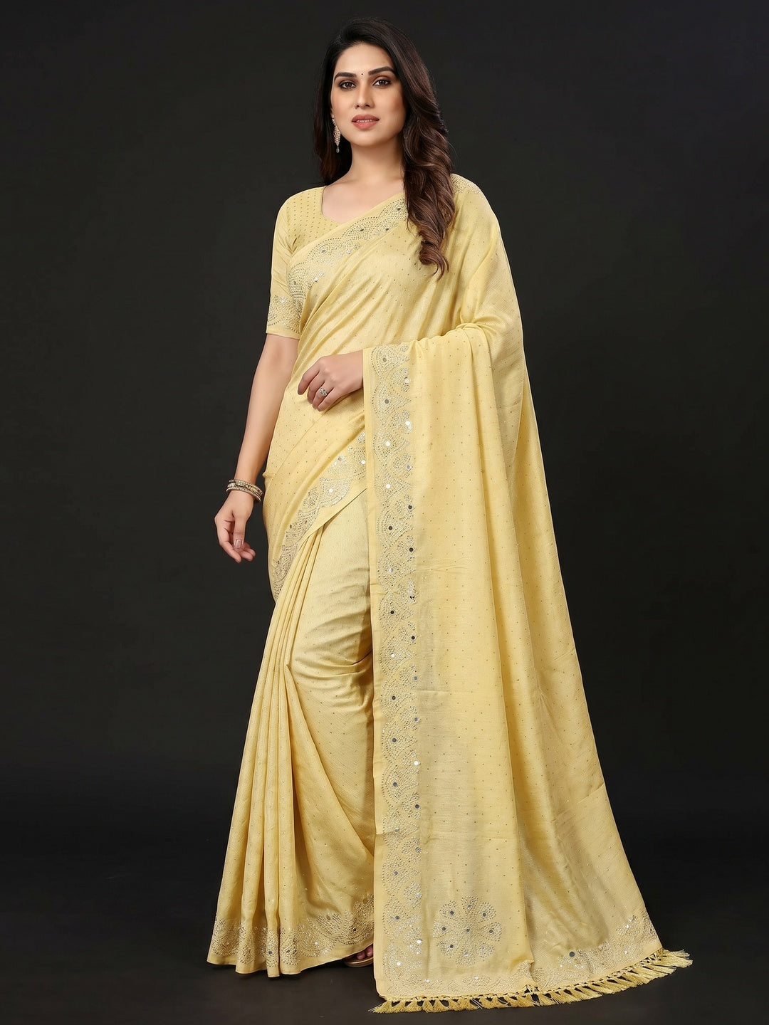 Yellow Mirror With Swarovski Work Chinon Saree - Image 1