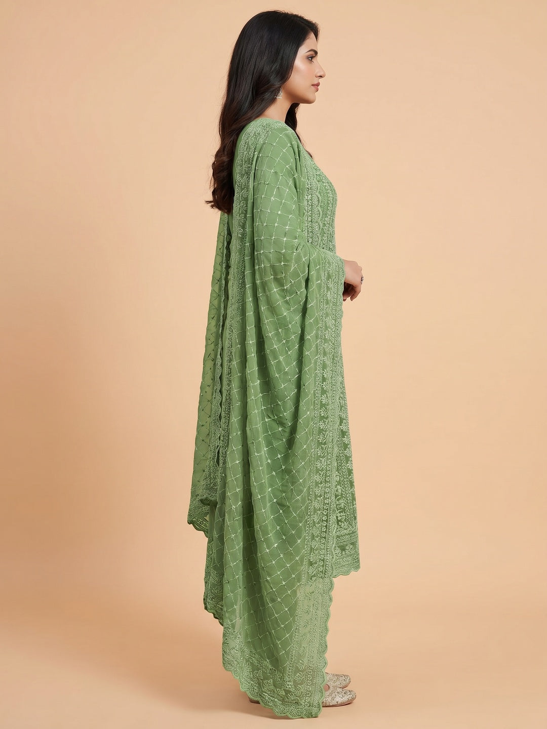 Green Lucknowi Embroidered Georgette Dress Material - Image 2