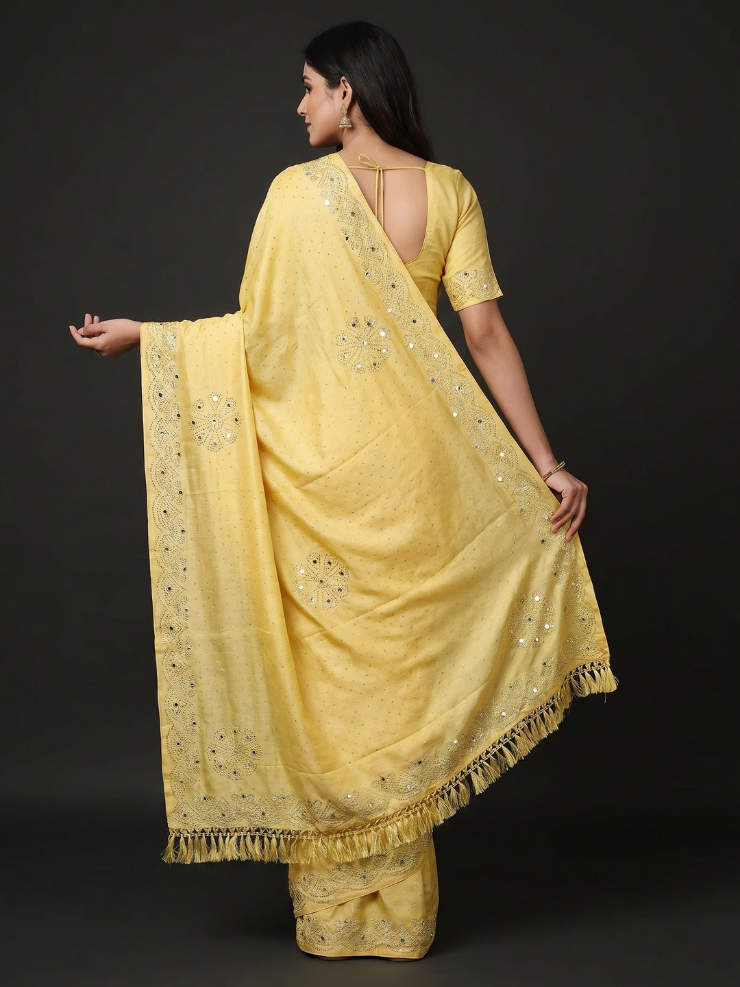 Yellow Mirror With Swarovski Work Chinon Saree - Image 2