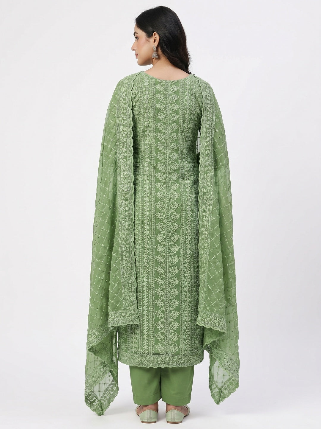 Green Lucknowi Embroidered Georgette Dress Material - Image 3