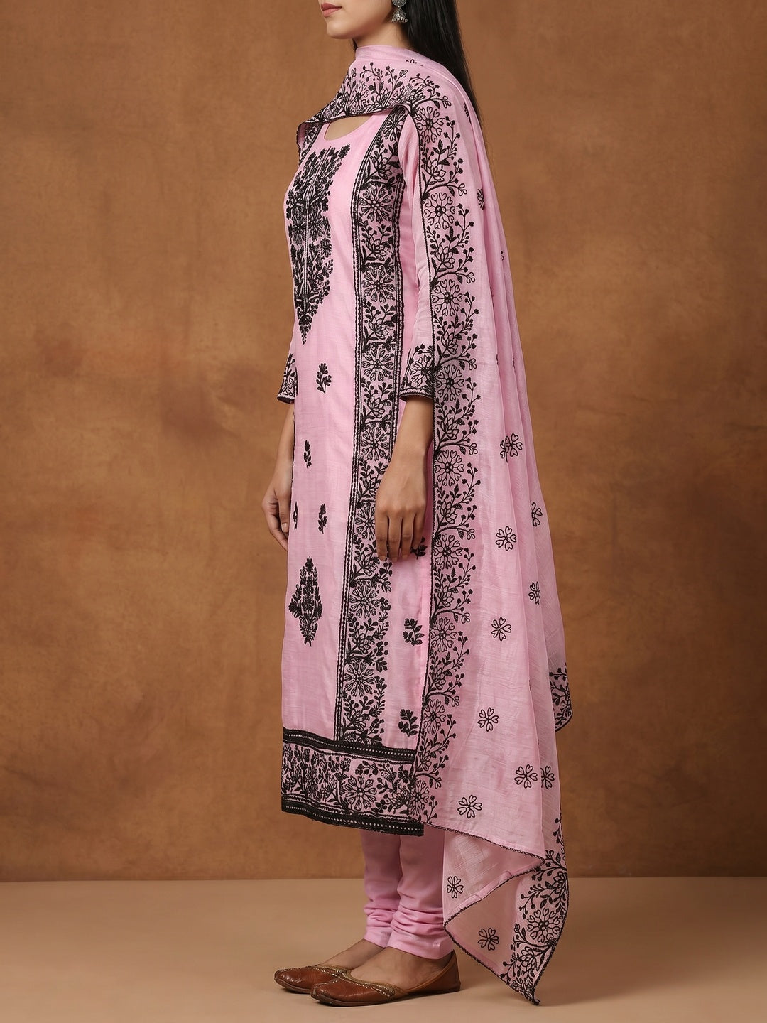 Pink Floral Embroidered Chanderi Dress Material - Image 3