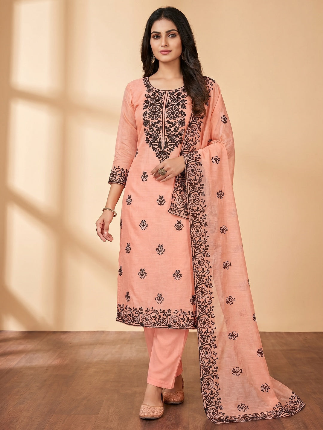 Peach Floral Embroidered Chanderi Dress Material - Image 1