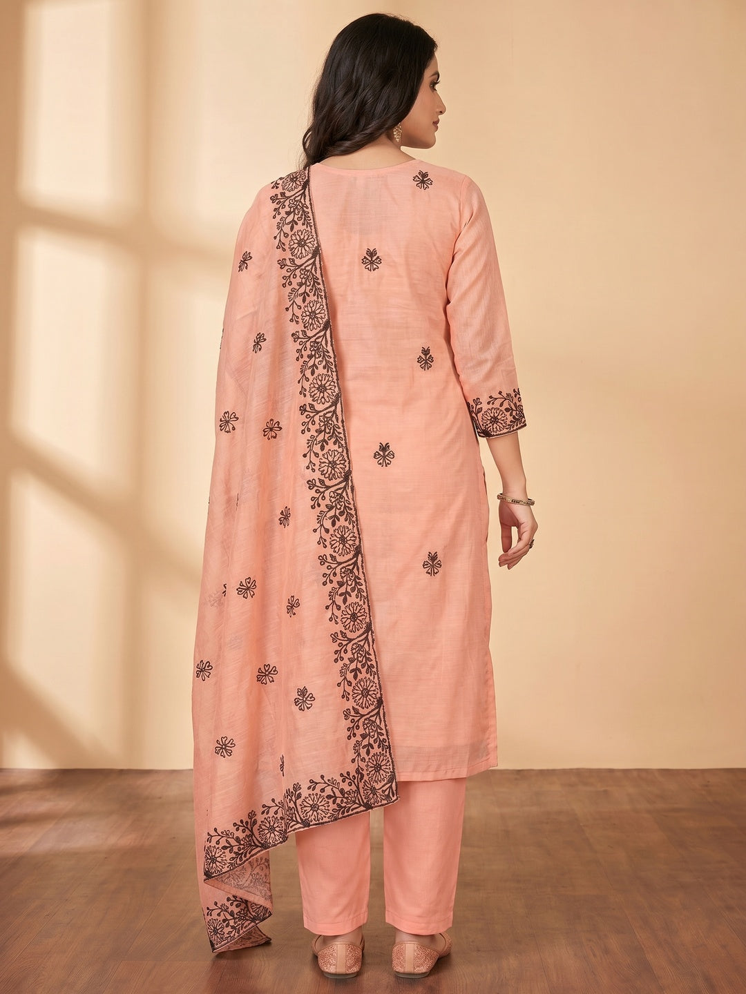 Peach Floral Embroidered Chanderi Dress Material - Image 2