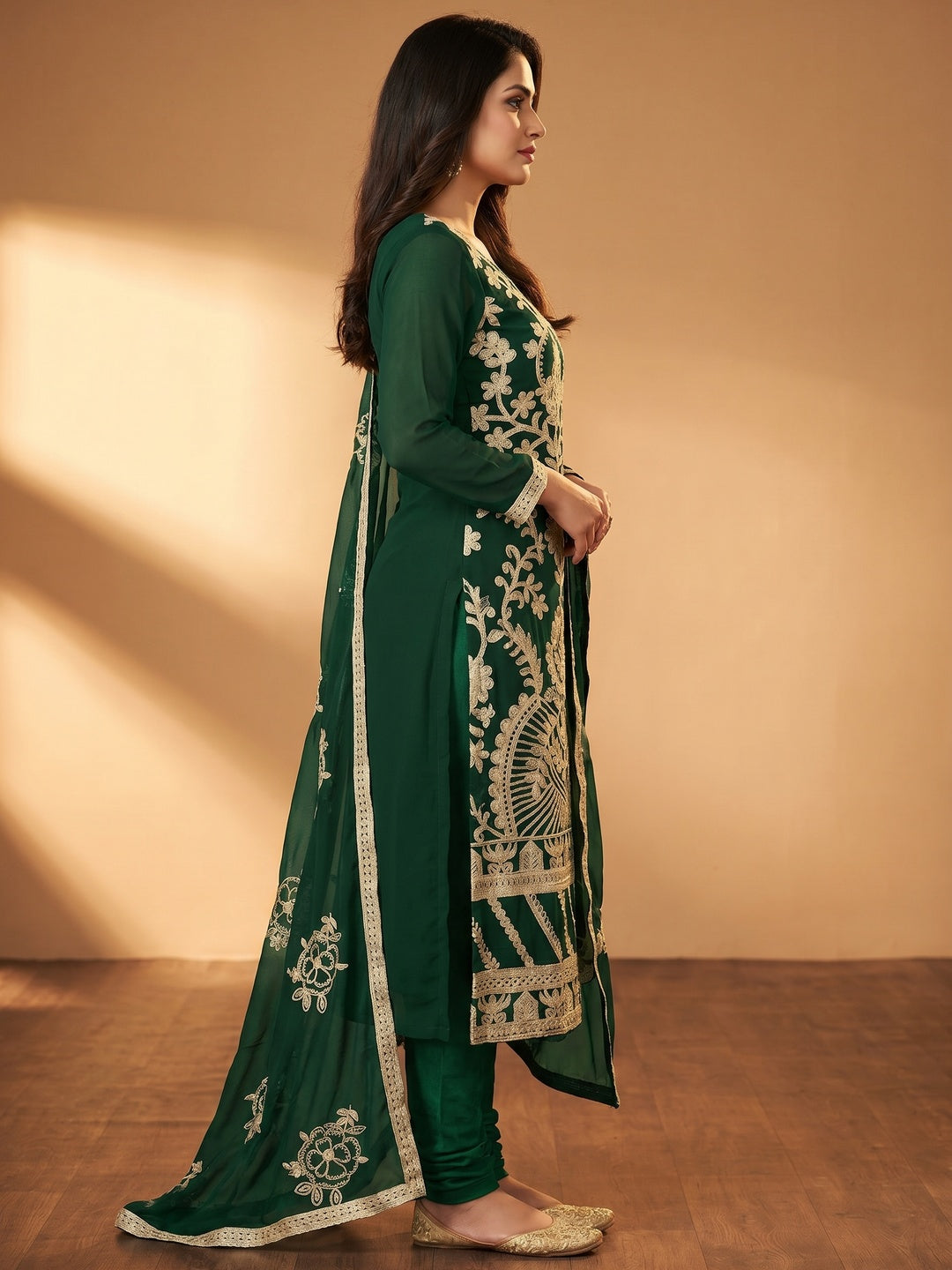 Green Floral Embroidered Georgette Dress Material - Image 2