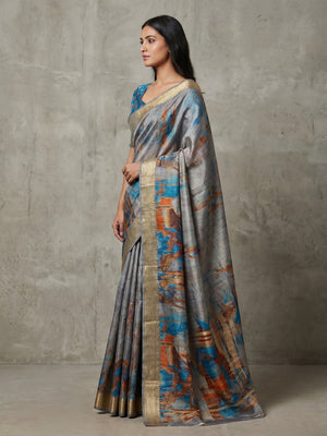 Grey Digital Printed Tussar Silk Saree - Image 2