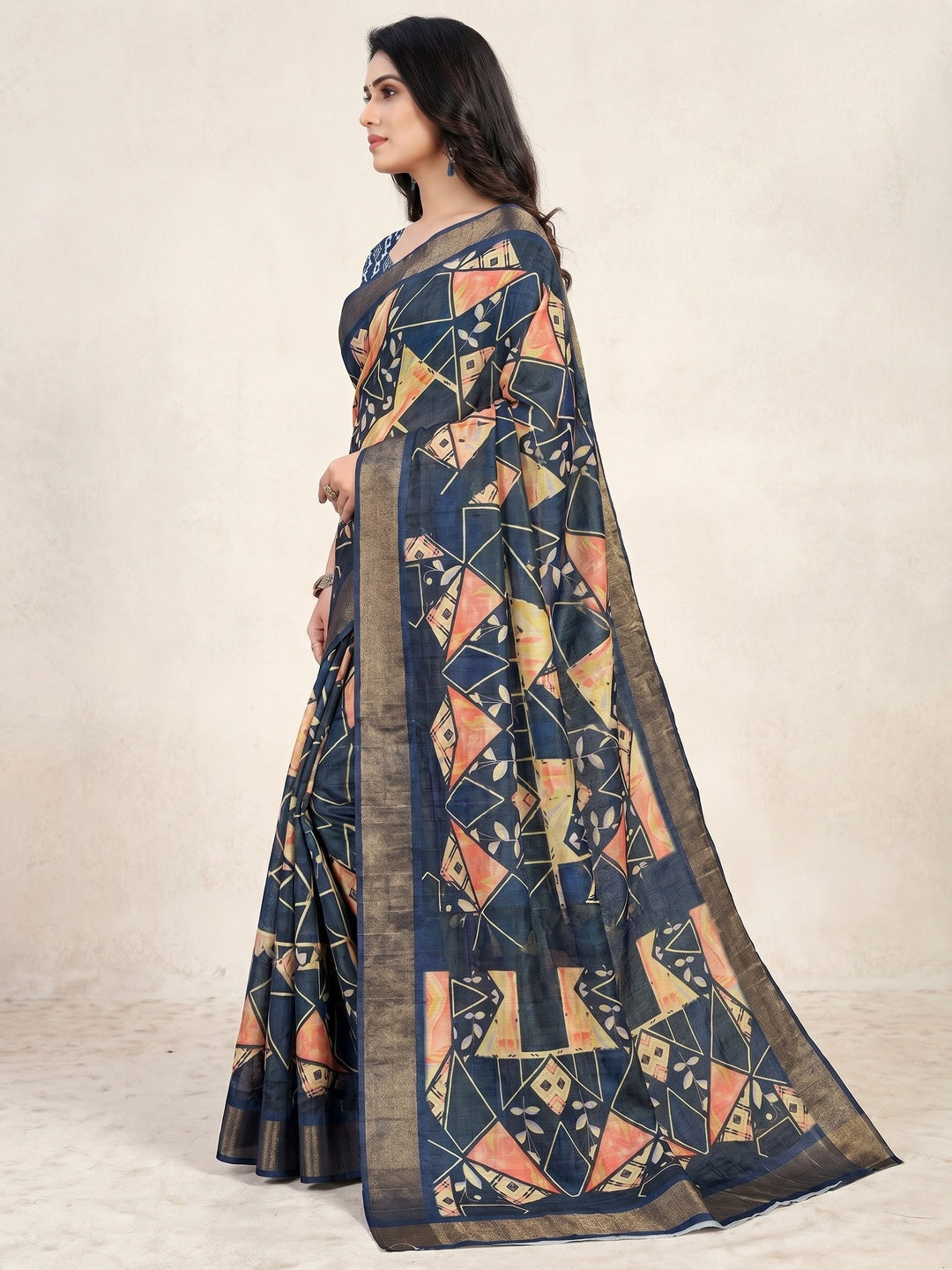 Navy Blue Digital Printed Tussar Silk Saree - Image 3