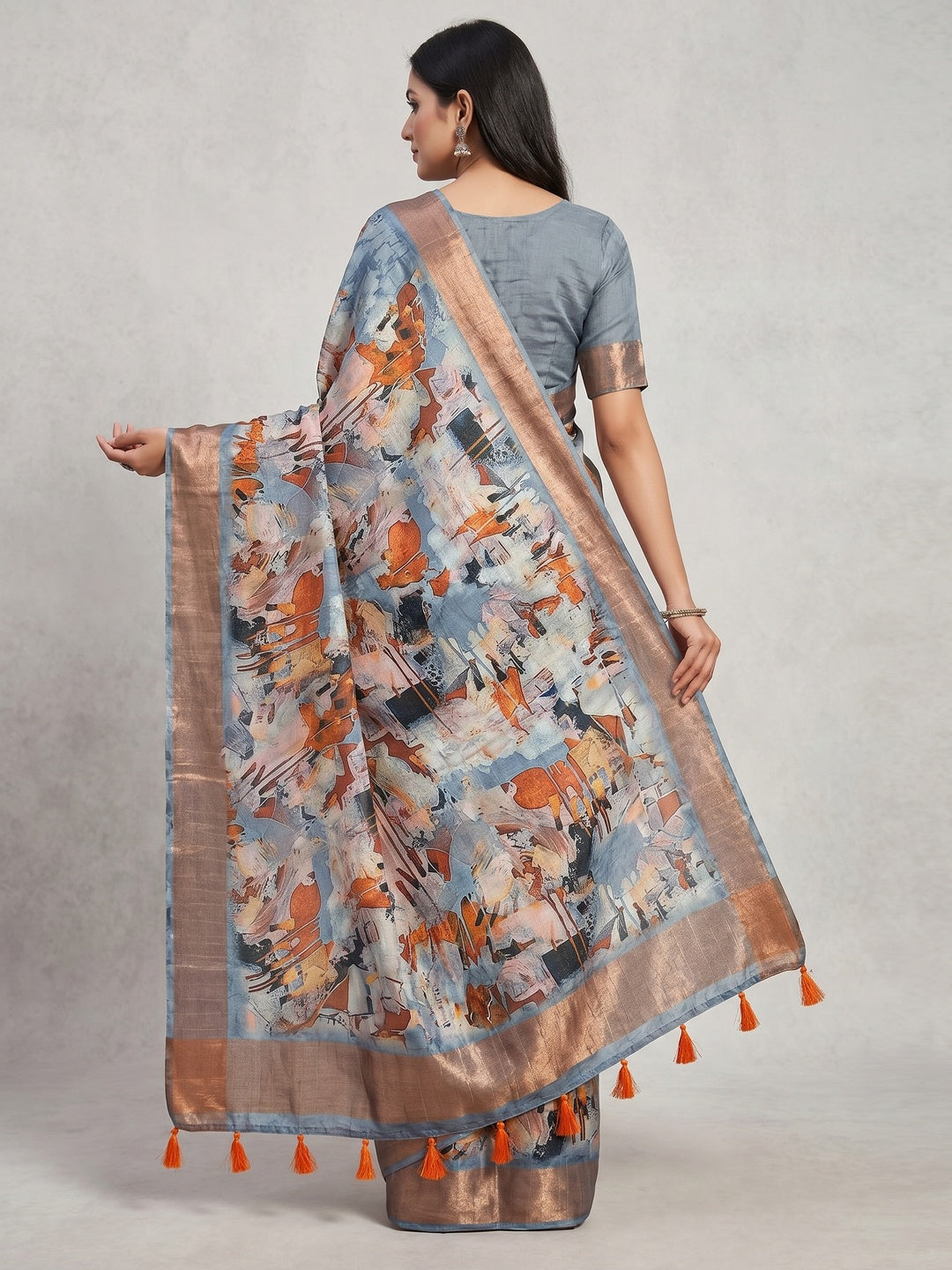 Grey Digital Printed Tussar Silk Saree - Image 3