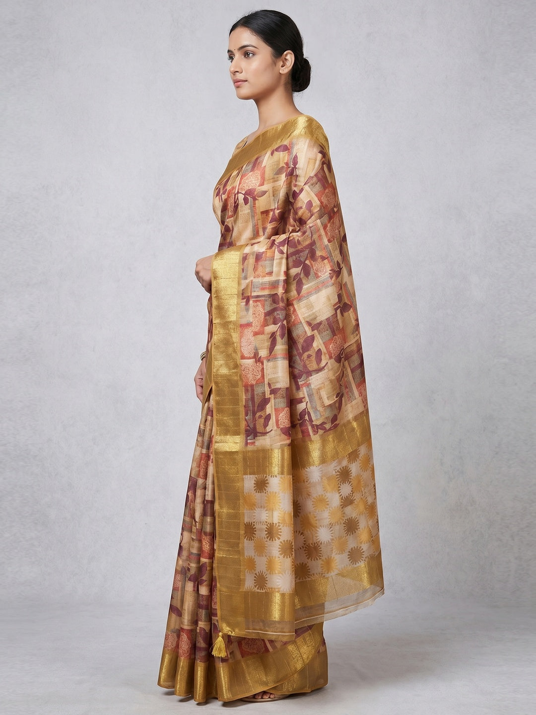 Golden Digital Printed Tussar Silk Saree - Image 2