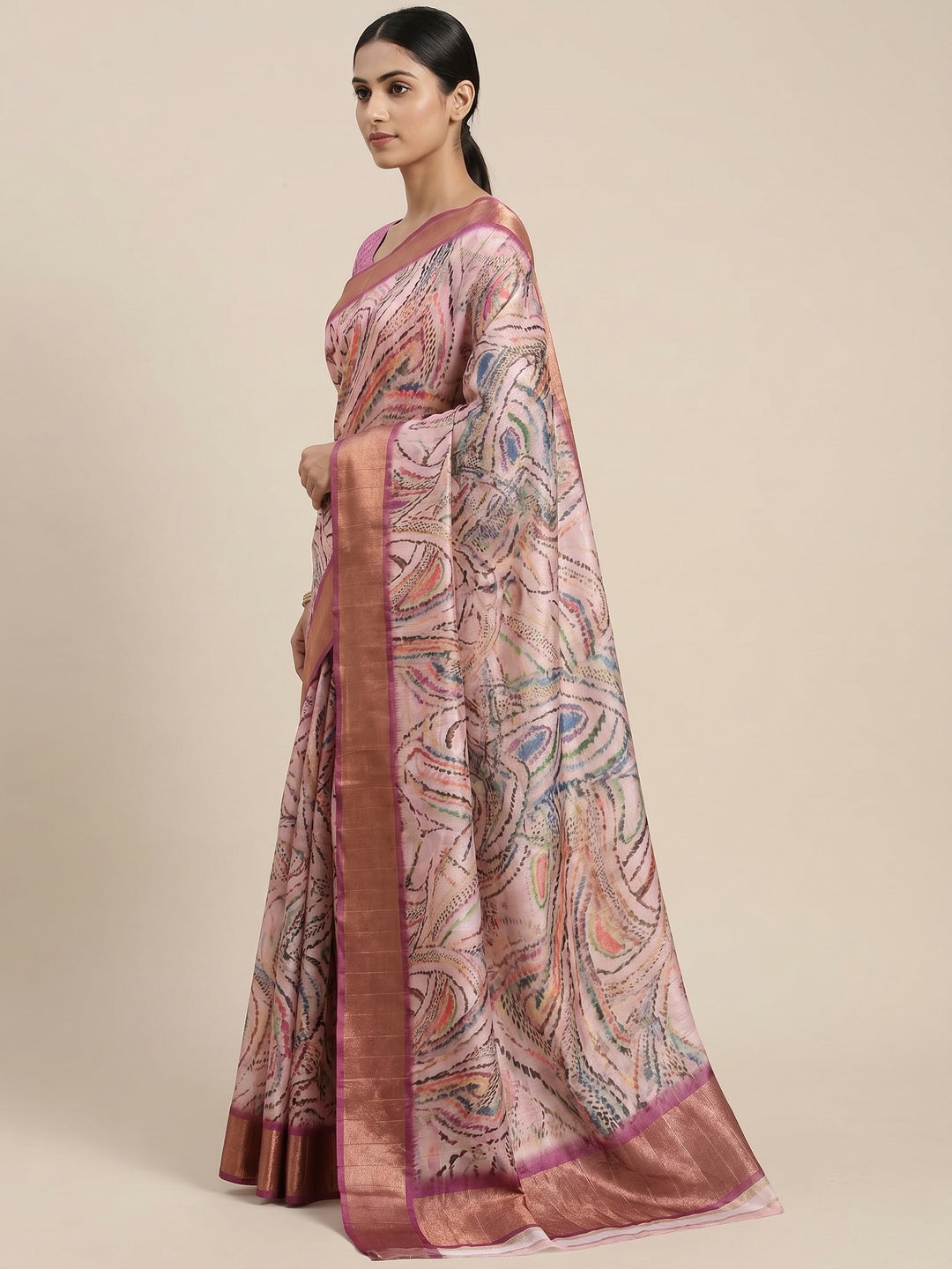 Light Pink Digital Printed Tussar Silk Saree - Image 3