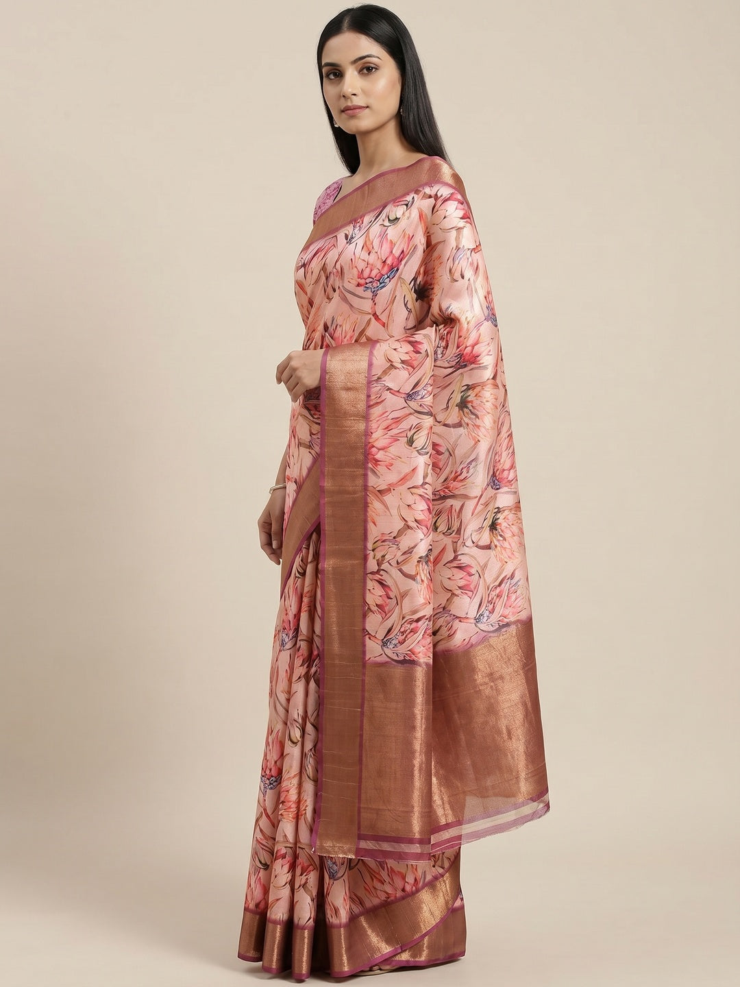 Peach Digital Printed Tussar Silk Saree - Image 3