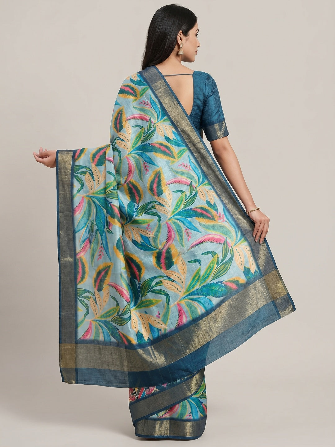 Sky Blue Digital Printed Tussar Silk Saree - Image 3