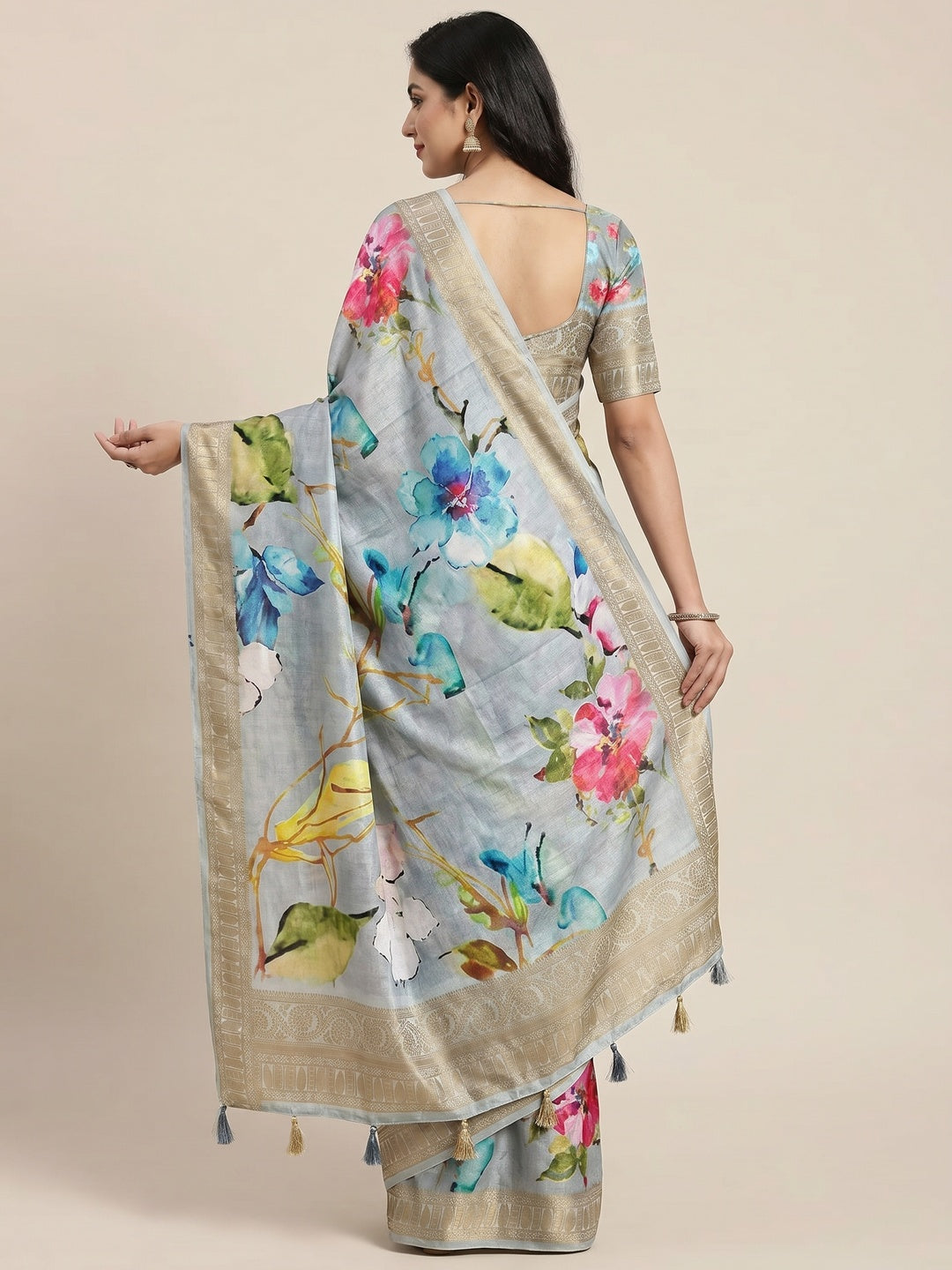 Grey Digital Printed Dola Silk Saree With Woven Border - Image 3