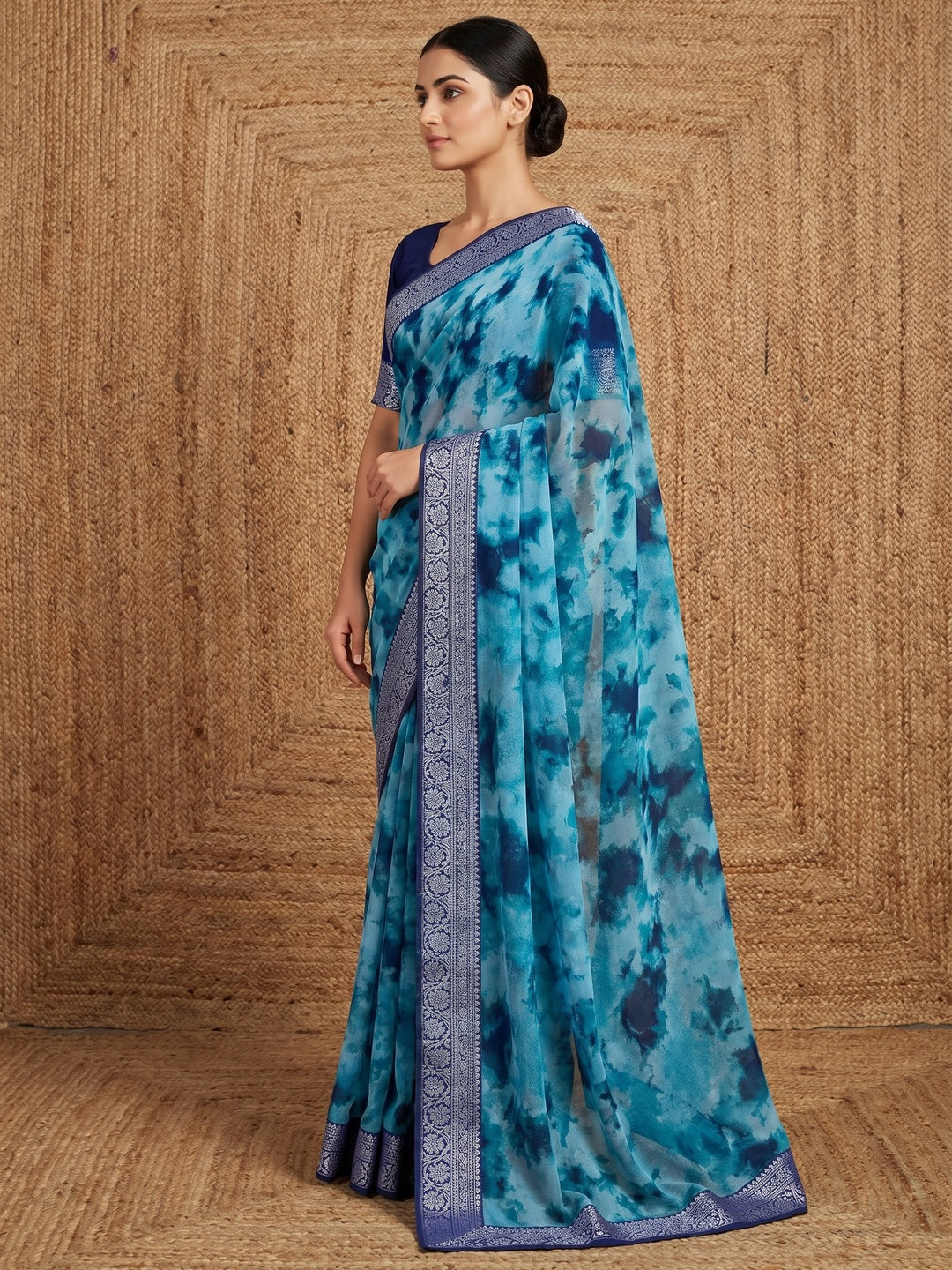 Blue Tie Dye Printed Georgette Saree - Image 3