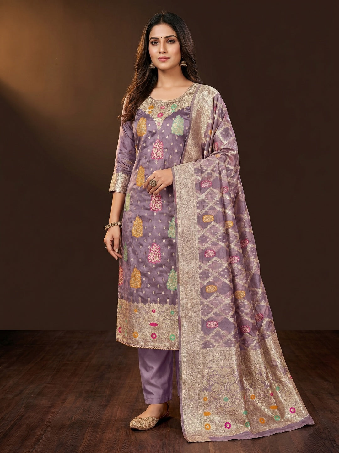 Purple Floral Woven Jacquard Dress Material - Image 1