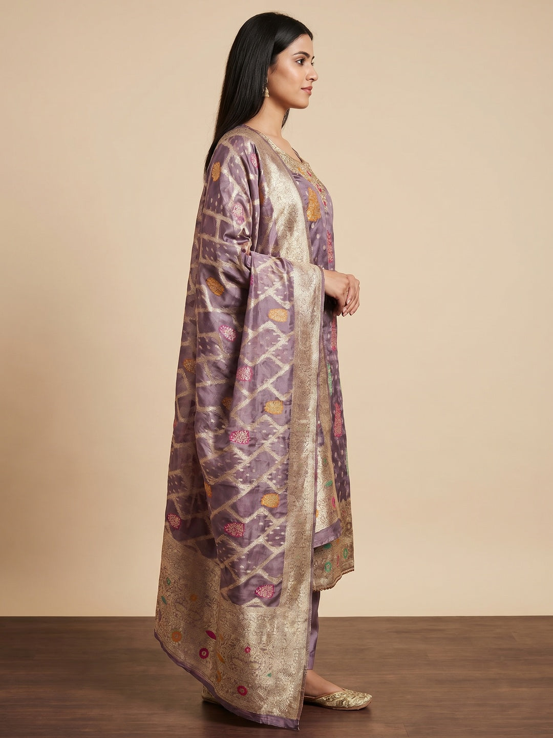 Purple Floral Woven Jacquard Dress Material - Image 2