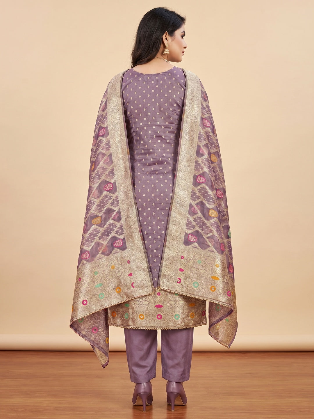 Purple Floral Woven Jacquard Dress Material - Image 3