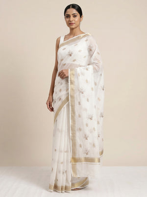 White Floral Embroidered Cotton Silk Saree Woven Border - Image 1