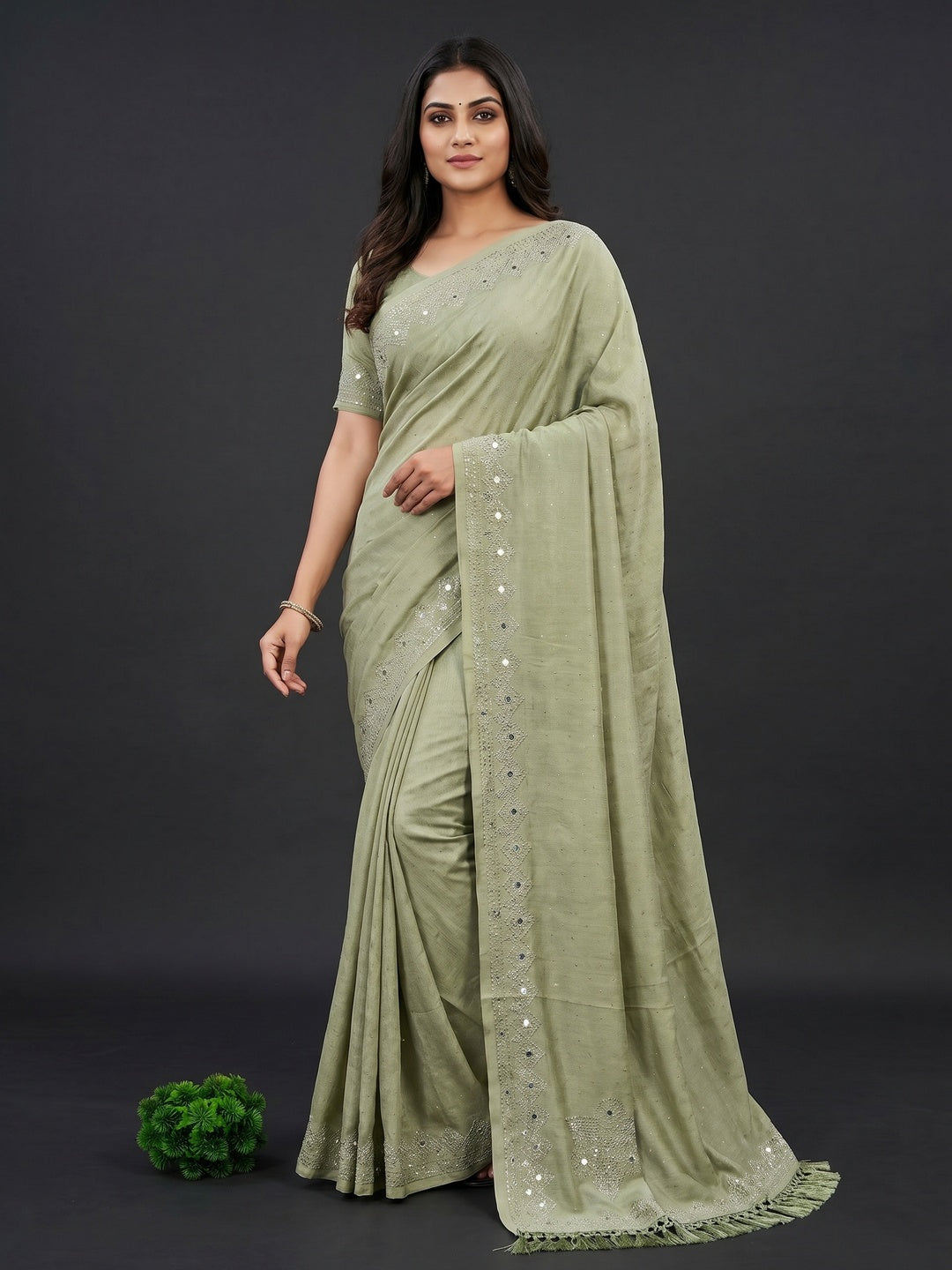 Green Mirror With Swarovski Work Chinon Saree With Tassels - Image 1