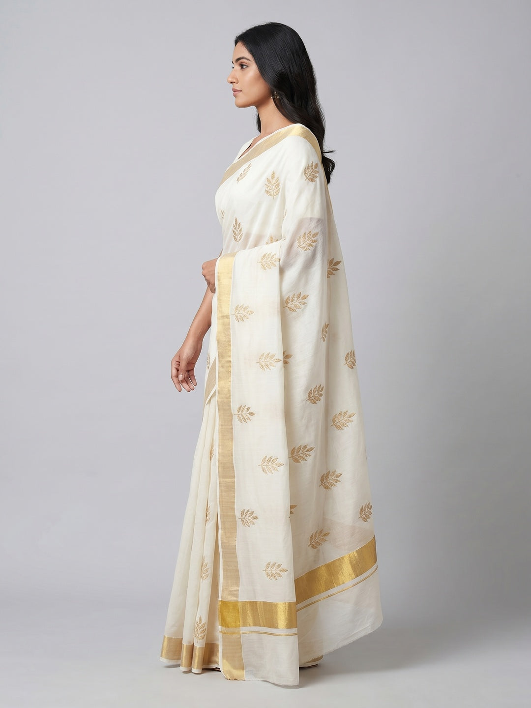 White Floral Embroidered Cotton Silk Saree Woven Border - Image 2