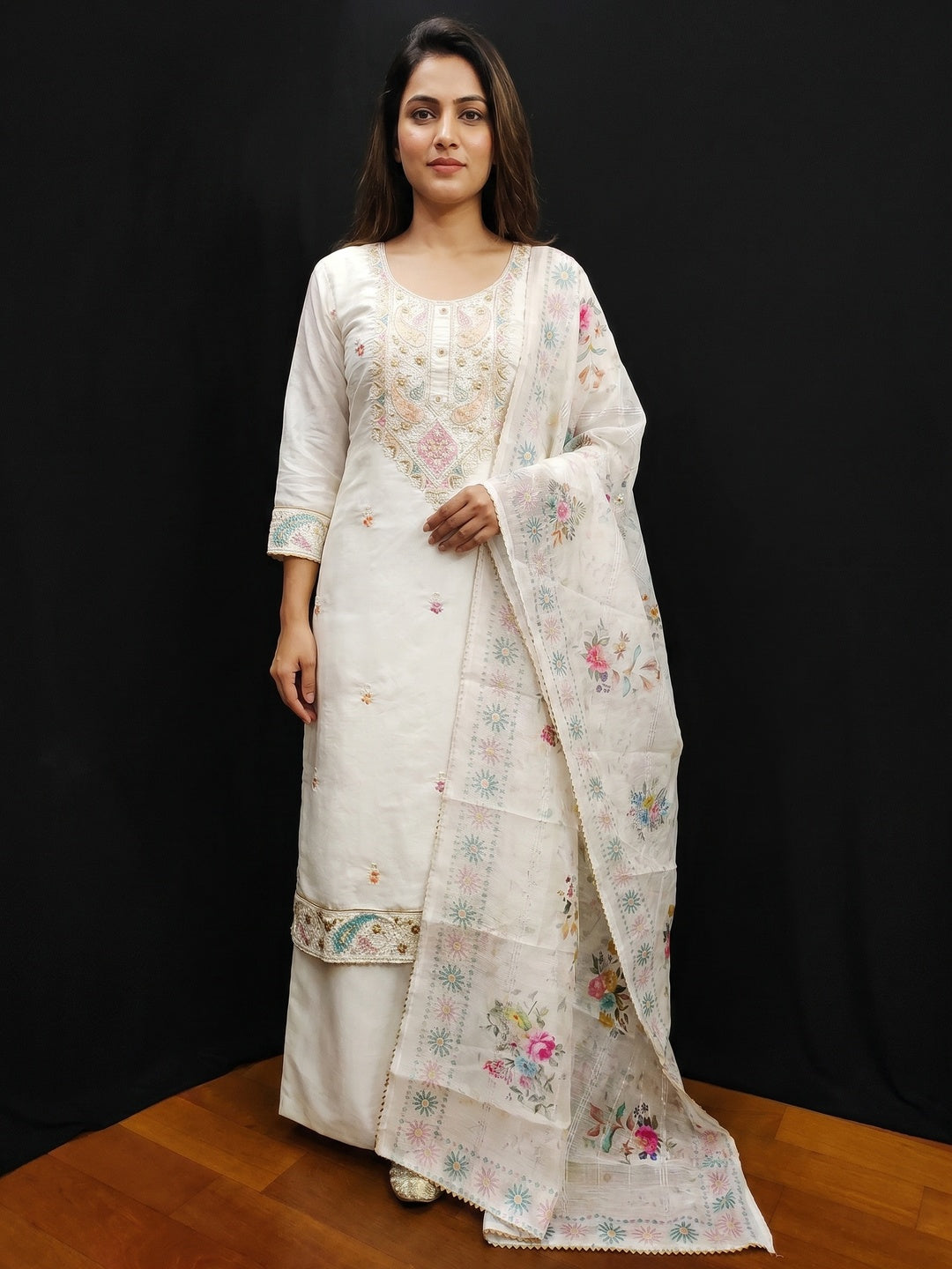 White Embroidered Viscose Dress Material - Image 1
