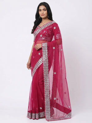 Pink Floral Embroidered Net Saree - Image 1