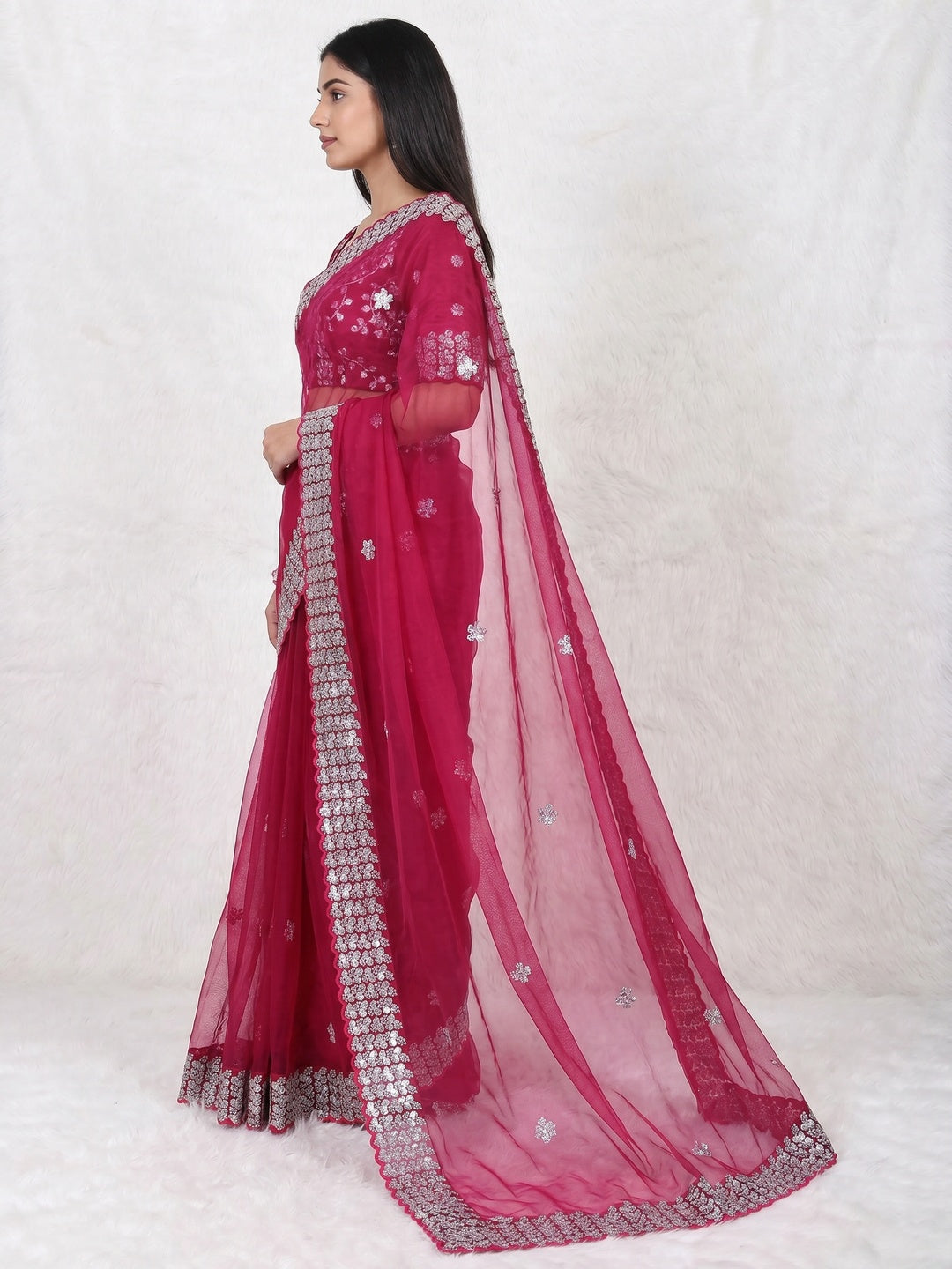 Pink Floral Embroidered Net Saree - Image 3
