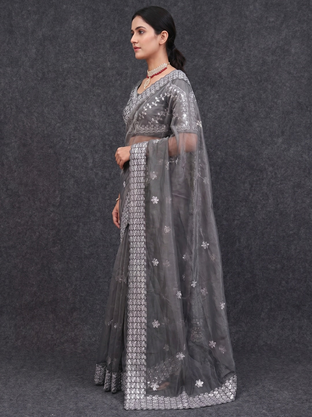 Grey Floral Embroidered Net Saree - Image 3