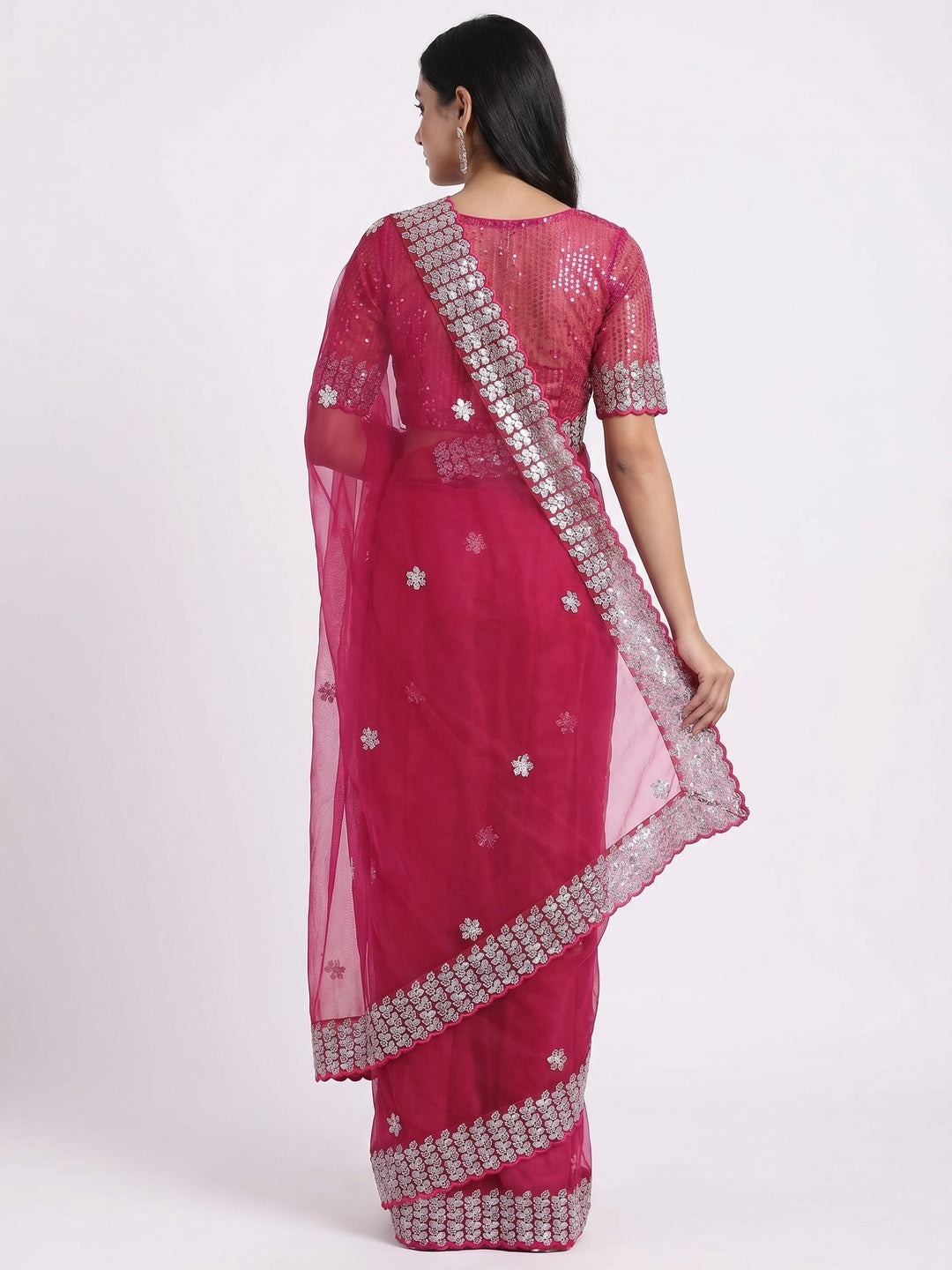 Pink Floral Embroidered Net Saree - Image 4