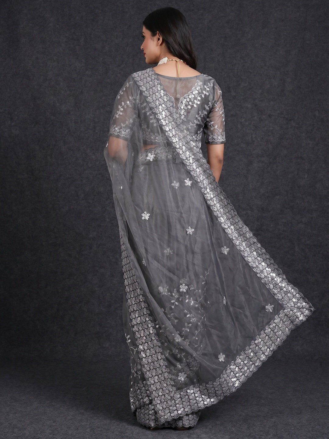 Grey Floral Embroidered Net Saree - Image 2