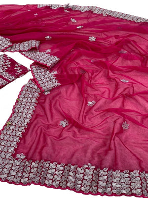 Pink Floral Embroidered Net Saree - Image 2