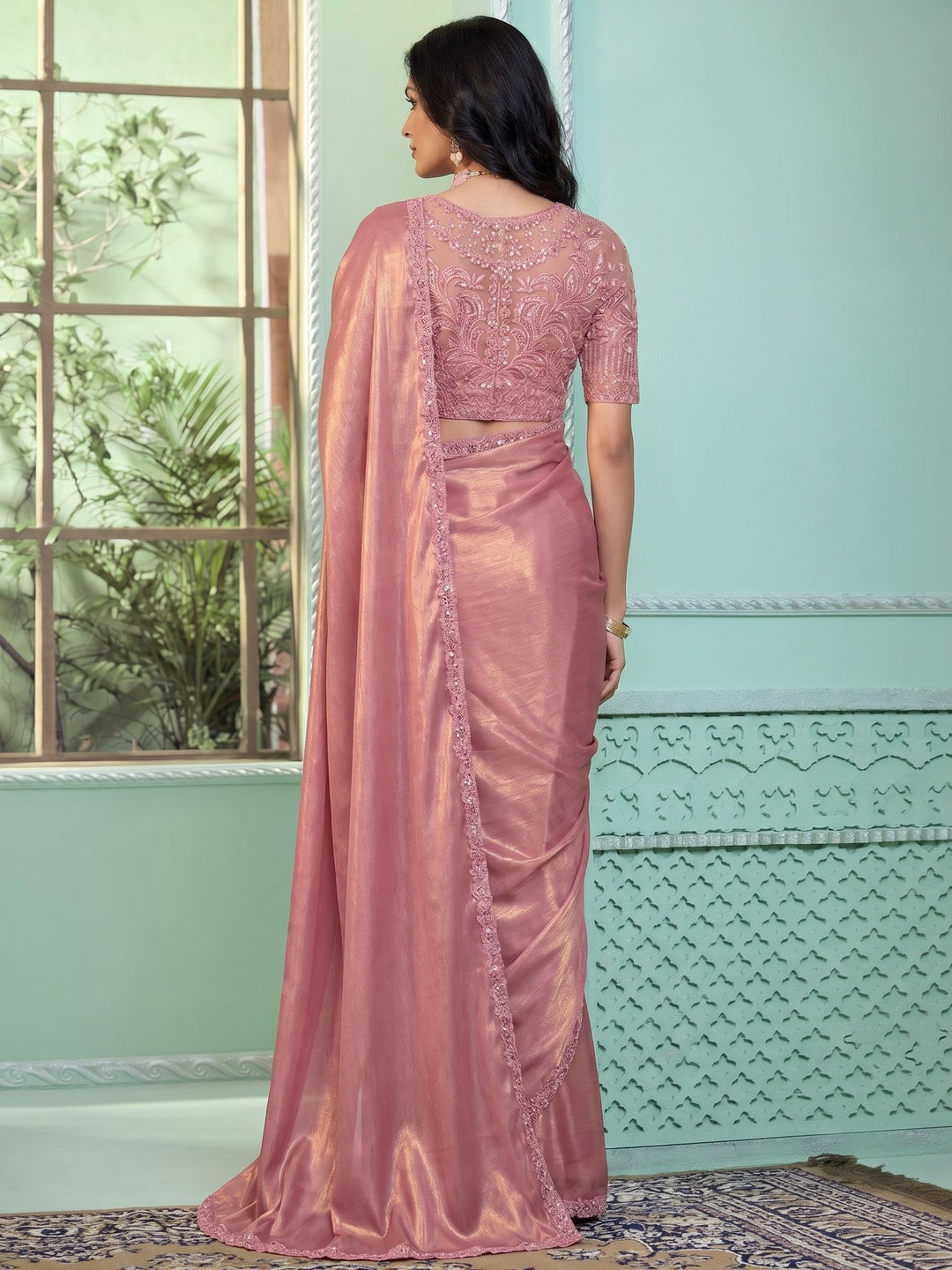 Dusty Peach Embroidered Georgette Designer Saree - Image 1