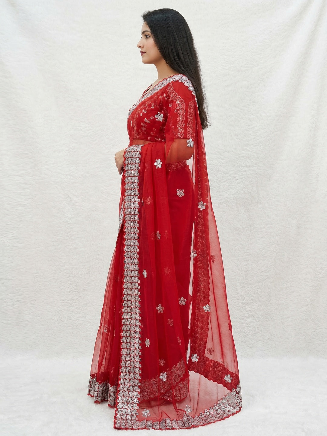 Red Floral Embroidered Net Saree - Image 2