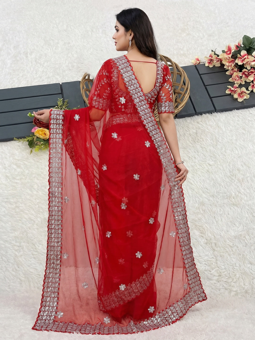 Red Floral Embroidered Net Saree - Image 3