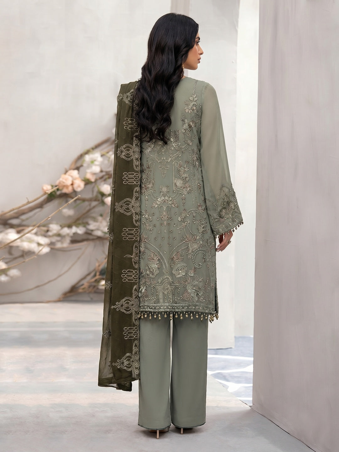 Green Floral Embroidered Georgette Semi Stitched Pakistani Suit - Image 1
