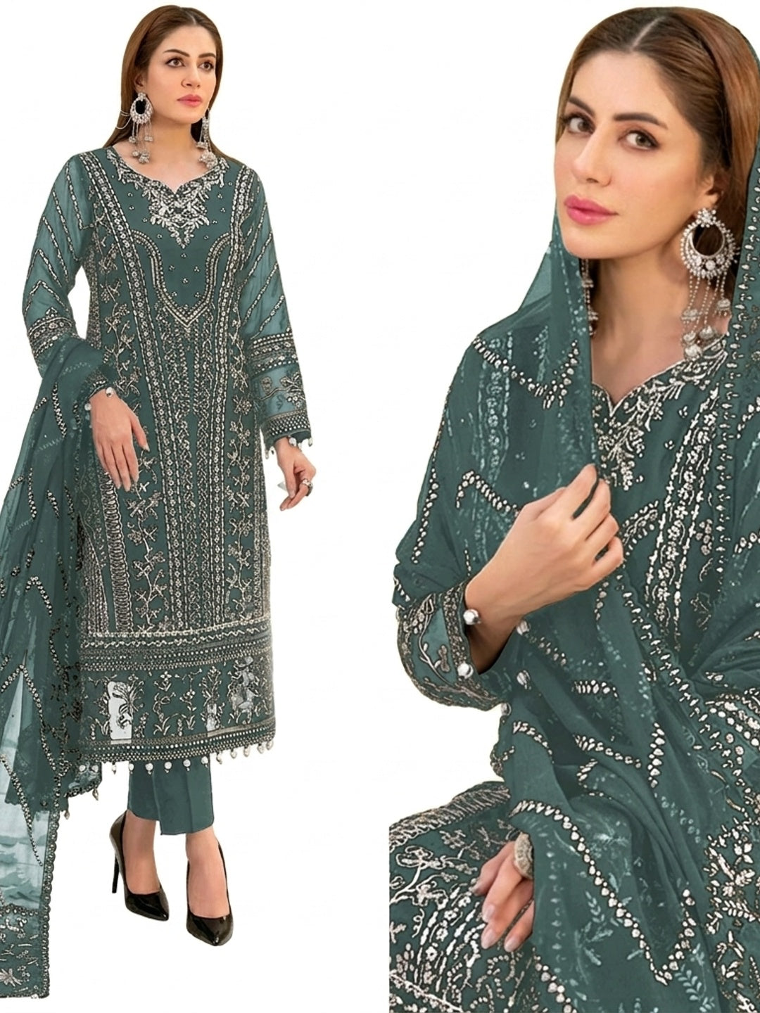 Green Floral Embroidered Georgette Semi Stitched Pakistani Suit - Image 1