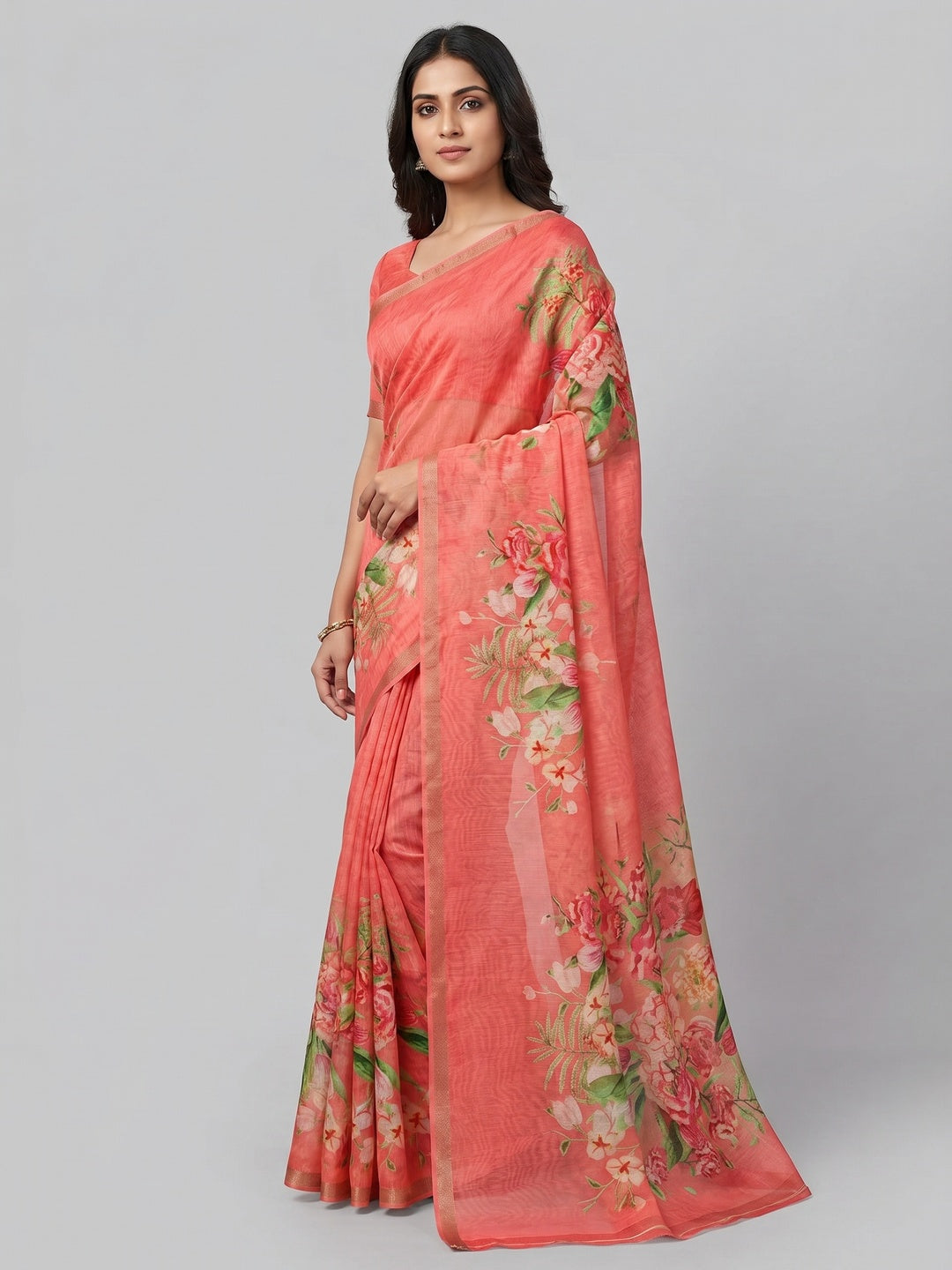 Multicolor Floral Printed Cotton Silk Saree - Image 1