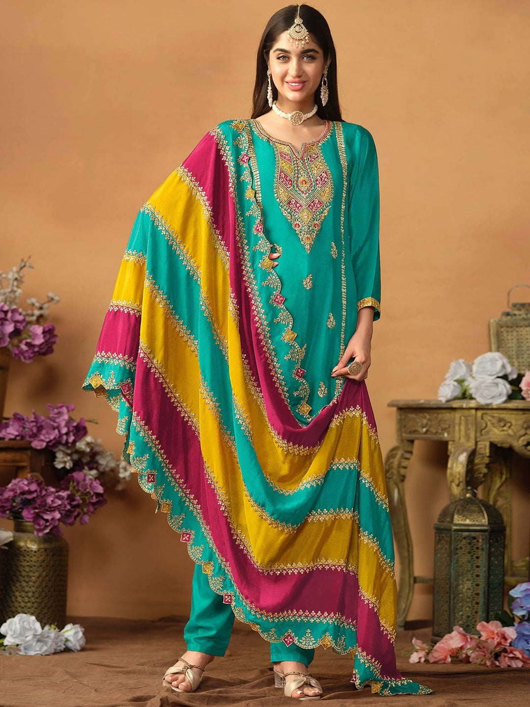 Rama Blue Floral Sequins Embroidered Chinon Silk Semi Stitched Salwar Suit - Image 1