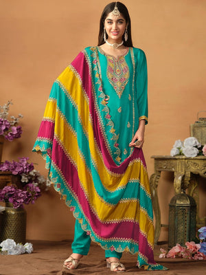 Rama Blue Floral Sequins Embroidered Chinon Silk Semi Stitched Salwar Suit - Image 1