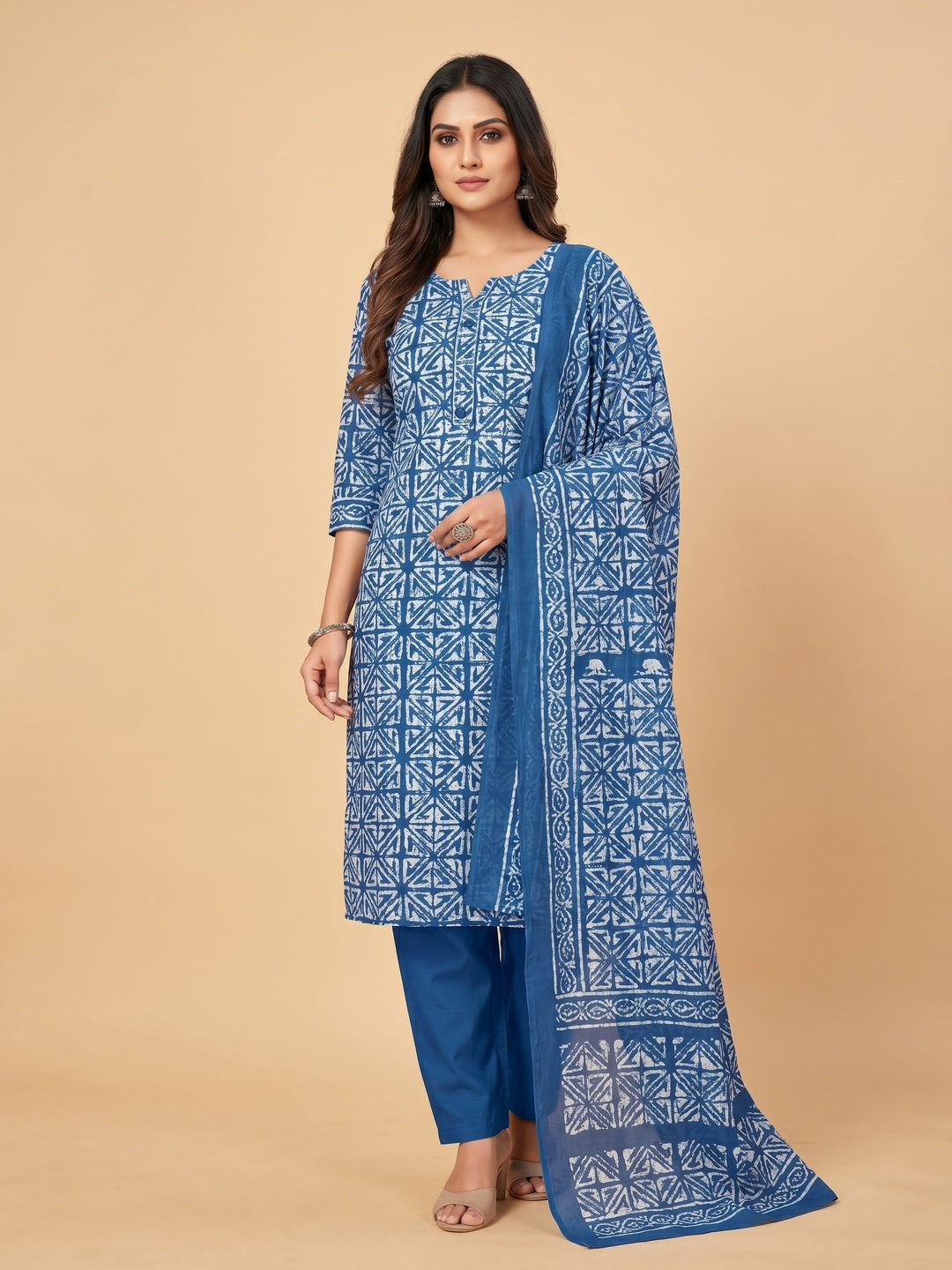 Blue Geometric Printed Pure Cotton Dress Material - Image 1