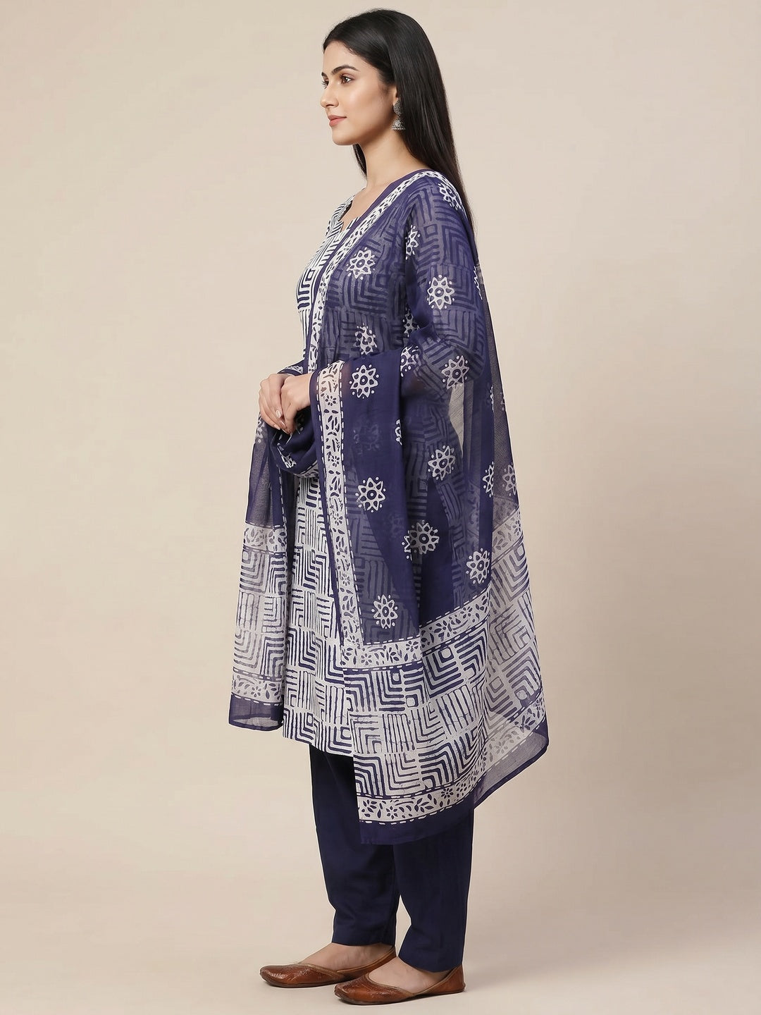 Blue Geometric Printed Pure Cotton Dress Material - Image 2