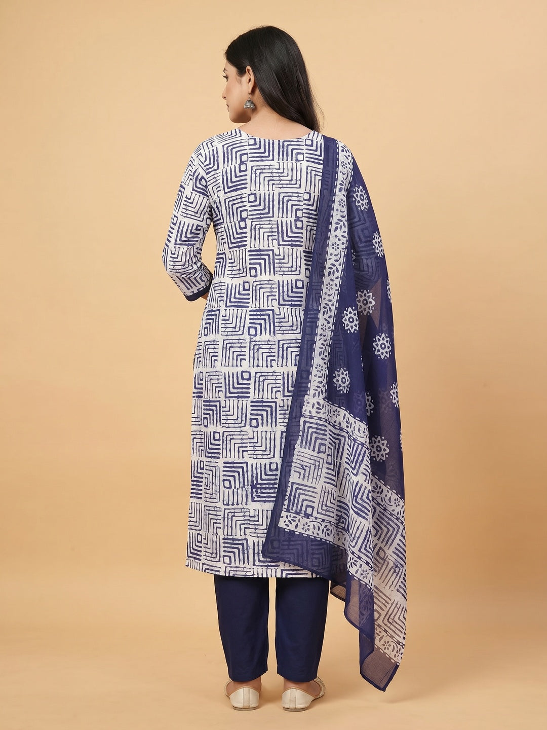 Blue Geometric Printed Pure Cotton Dress Material - Image 3